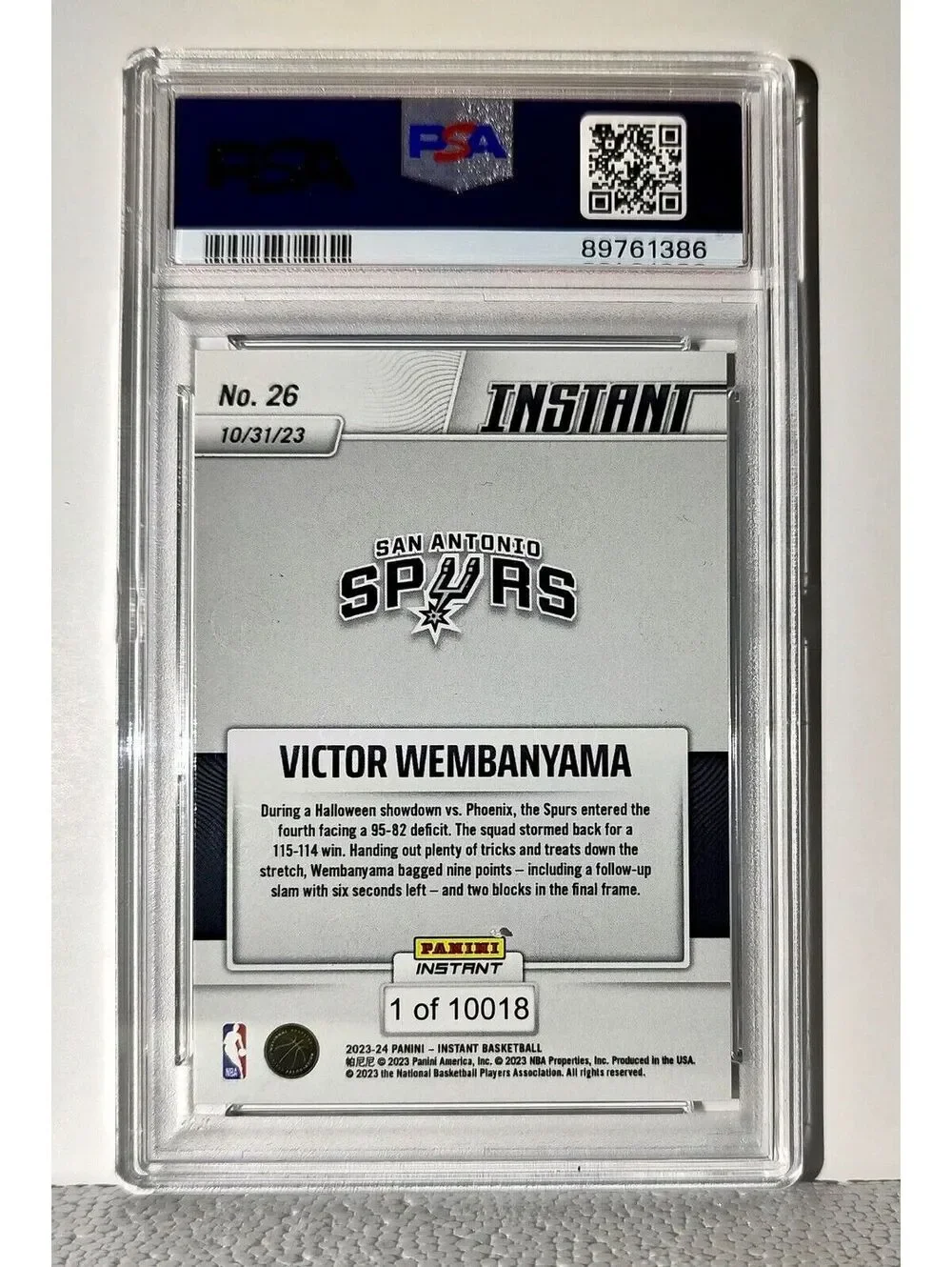 Victor Wembanyama 2023-24 Panini #26 NBA Rookie Card Spurs 1 of 10018 PSA 9 Mint